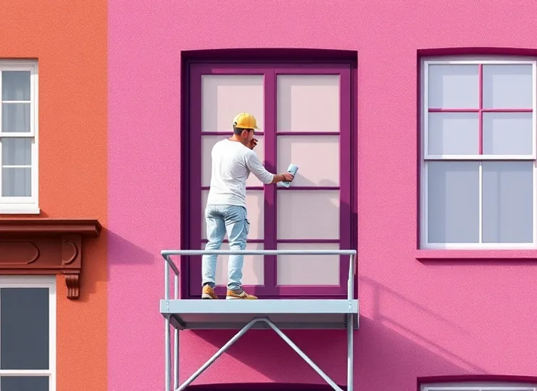 Peintre sur échafaudage traitant la façade d'une maison
